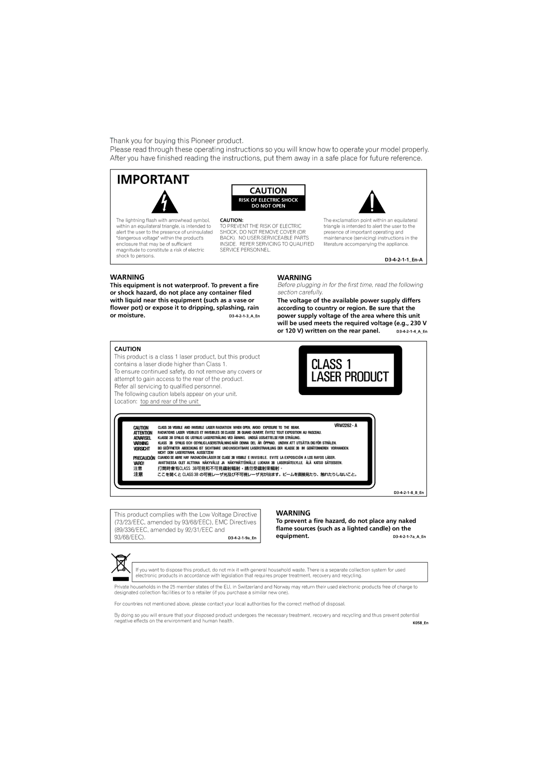 Pioneer DVR-440H-S manual Thank you for buying this Pioneer product, Risk of Electric Shock Do not Open 