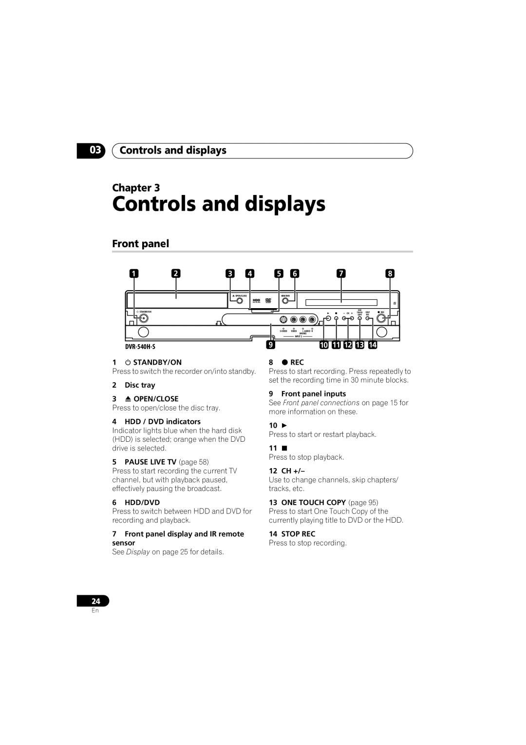 Pioneer DVR-440H-S manual Controls and displays Chapter, Front panel 