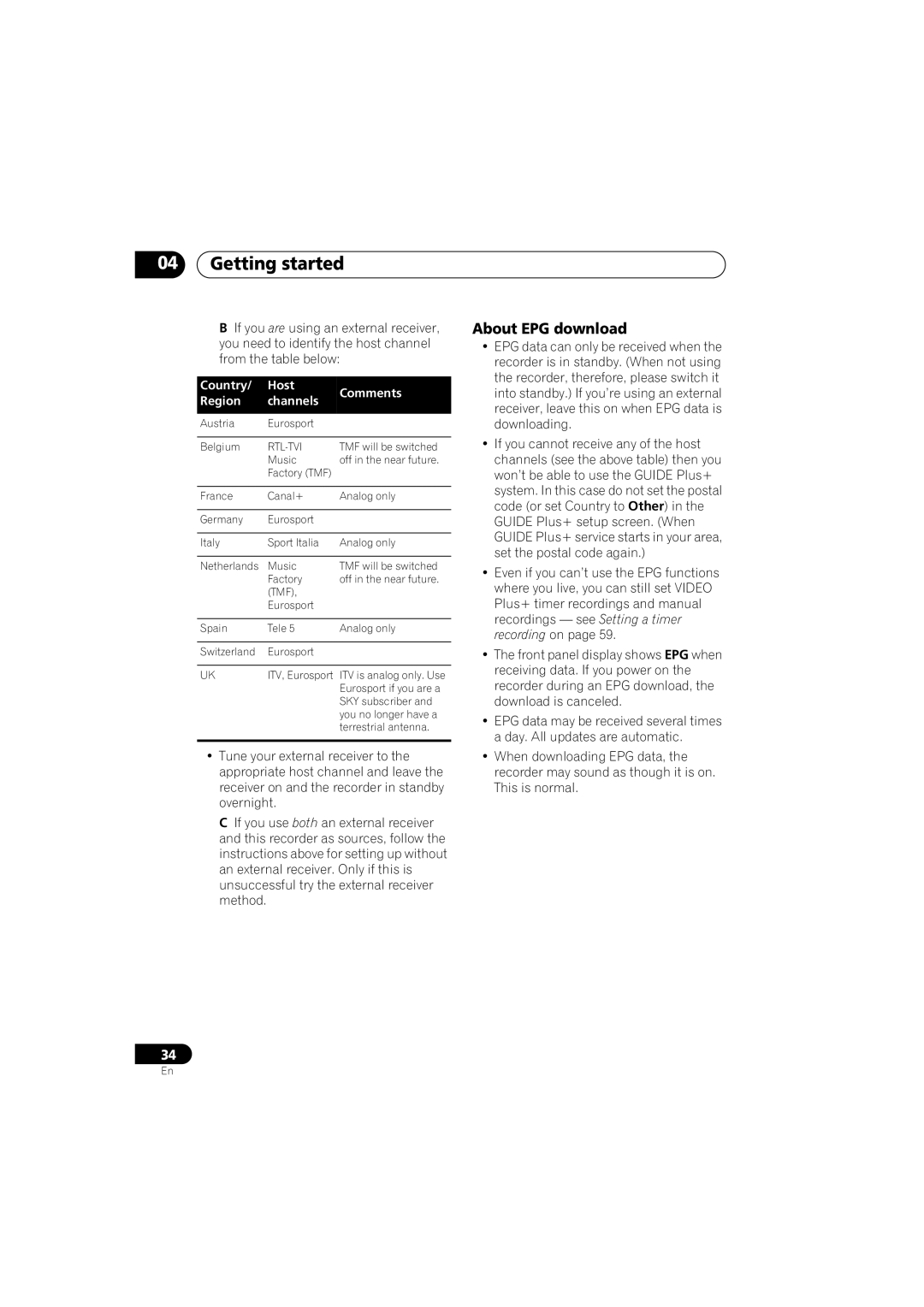 Pioneer DVR-440H-S manual About EPG download, Country Host Comments Region Channels 