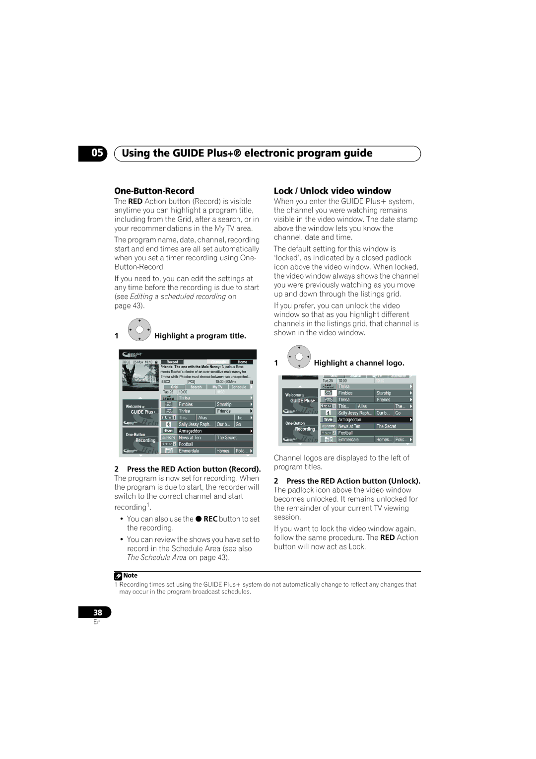 Pioneer DVR-440H-S manual Using the Guide Plus+ electronic program guide, One-Button-Record, Lock / Unlock video window 