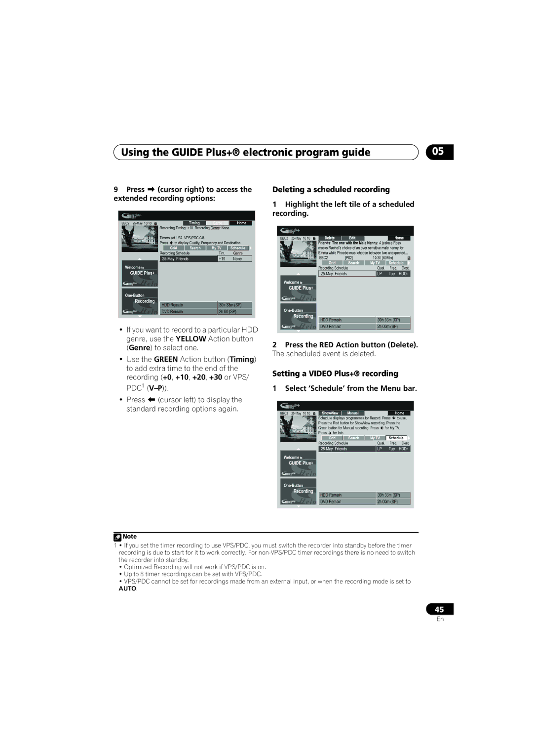 Pioneer DVR-440H-S manual Deleting a scheduled recording, Setting a Video Plus+ recording, Press cursor right to access 