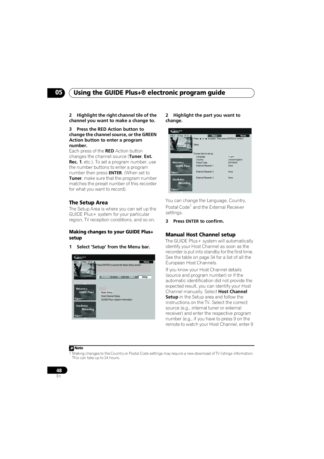 Pioneer DVR-440H-S manual Setup Area, Manual Host Channel setup, Making changes to your Guide Plus+ setup 