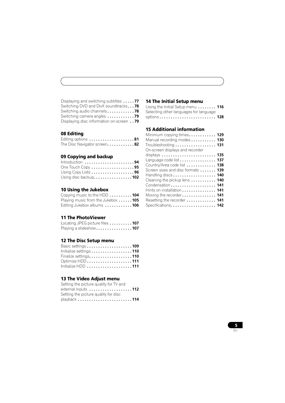 Pioneer DVR-440H-S manual Initial Setup menu, Editing, Copying and backup, Using the Jukebox, PhotoViewer, Disc Setup menu 