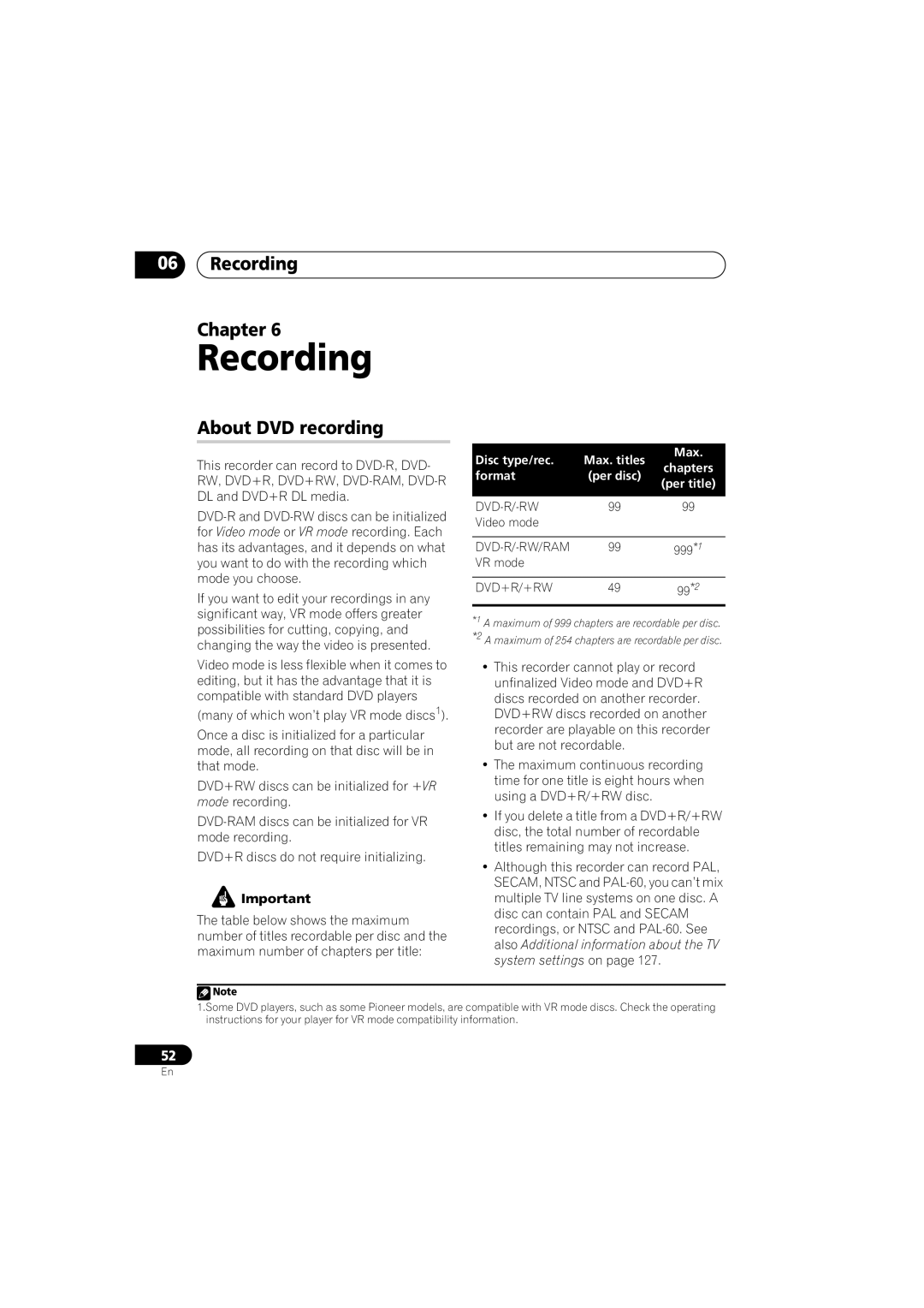 Pioneer DVR-440H-S manual Recording Chapter, About DVD recording, Disc type/rec Max. titles, Format 