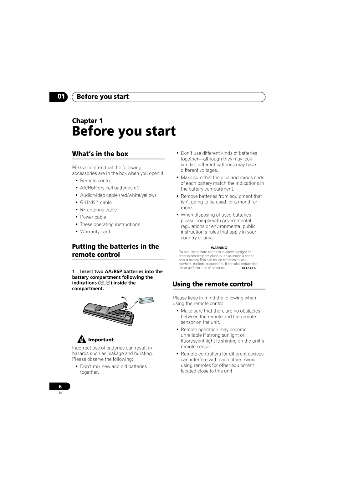 Pioneer DVR-440H-S manual Before you start Chapter, What’s in the box, Putting the batteries in the remote control 