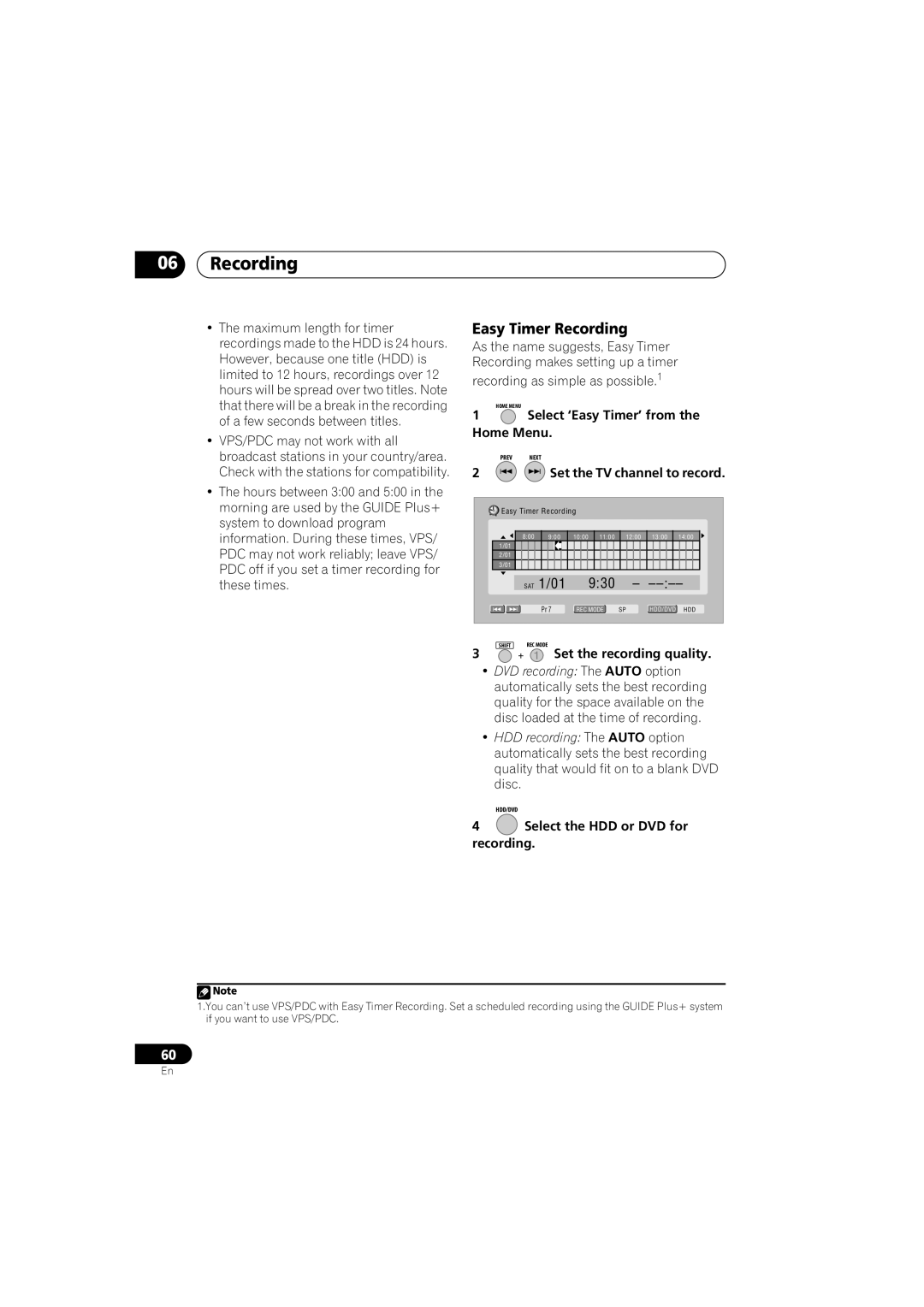 Pioneer DVR-440H-S manual Easy Timer Recording, Select ‘Easy Timer’ from the Home Menu, Set the recording quality 