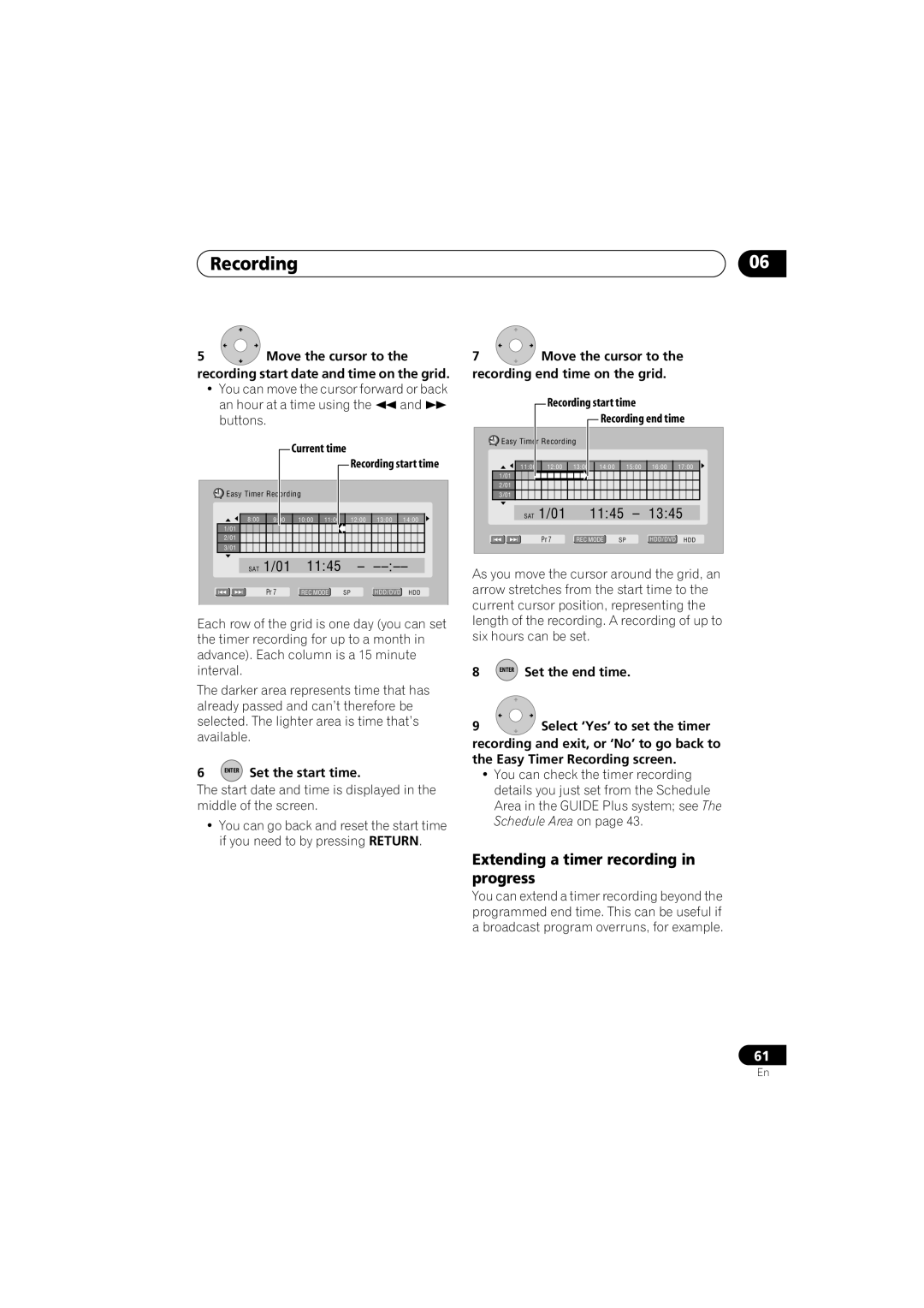 Pioneer DVR-440H-S manual Extending a timer recording in progress, Current time, Enter Set the start time 