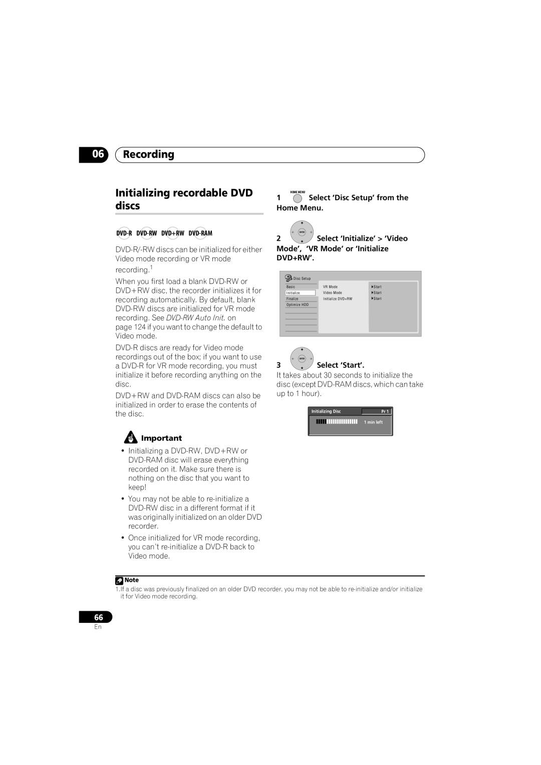 Pioneer DVR-440H-S manual Recording Initializing recordable DVD discs, Dvd-R Dvd-Rw Dvd+Rw Dvd-Ram 