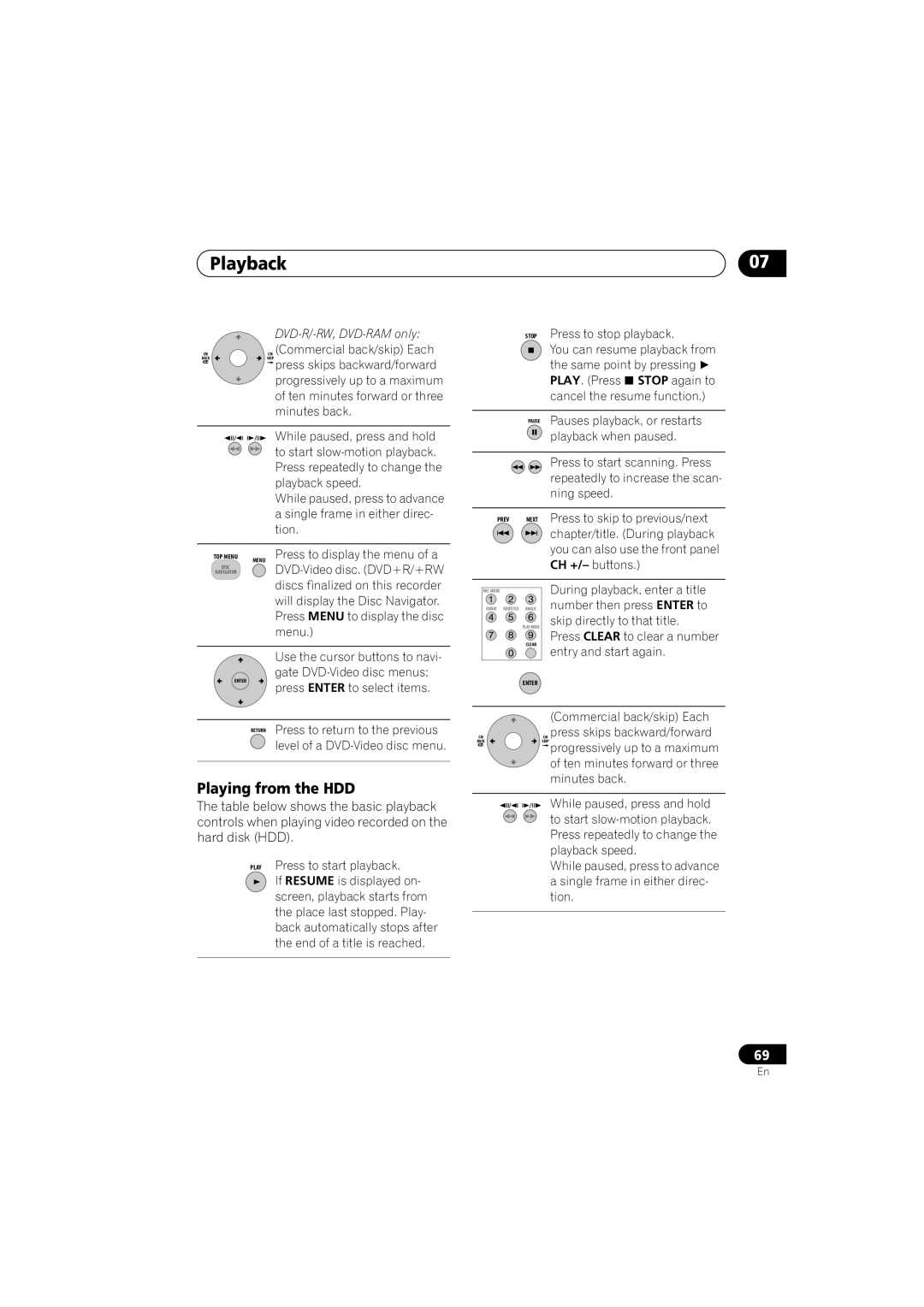 Pioneer DVR-440H-S Playing from the HDD, Gate DVD-Video disc menus, Press Enter to select items, Commercial back/skip Each 