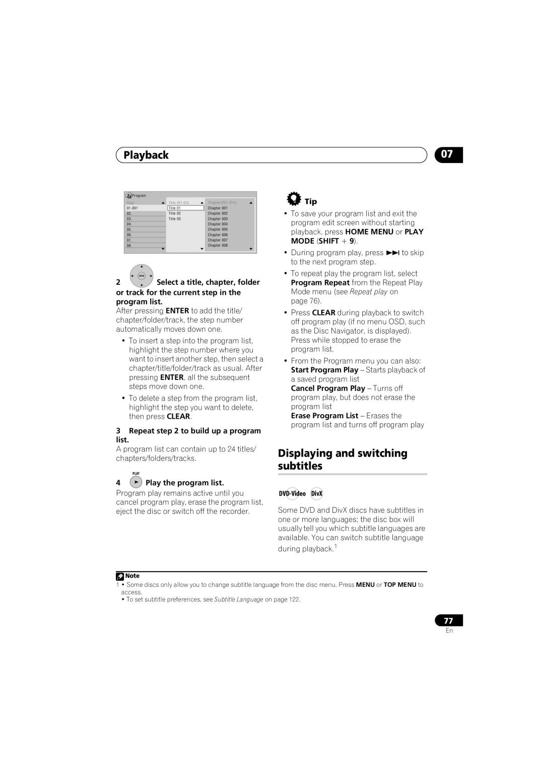 Pioneer DVR-440H-S manual Displaying and switching subtitles, Repeat to build up a program List, Play the program list 