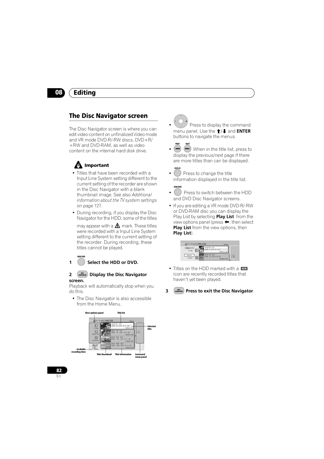 Pioneer DVR-440H-S manual Editing Disc Navigator screen, Select the HDD or DVD, Display the Disc Navigator, Screen 