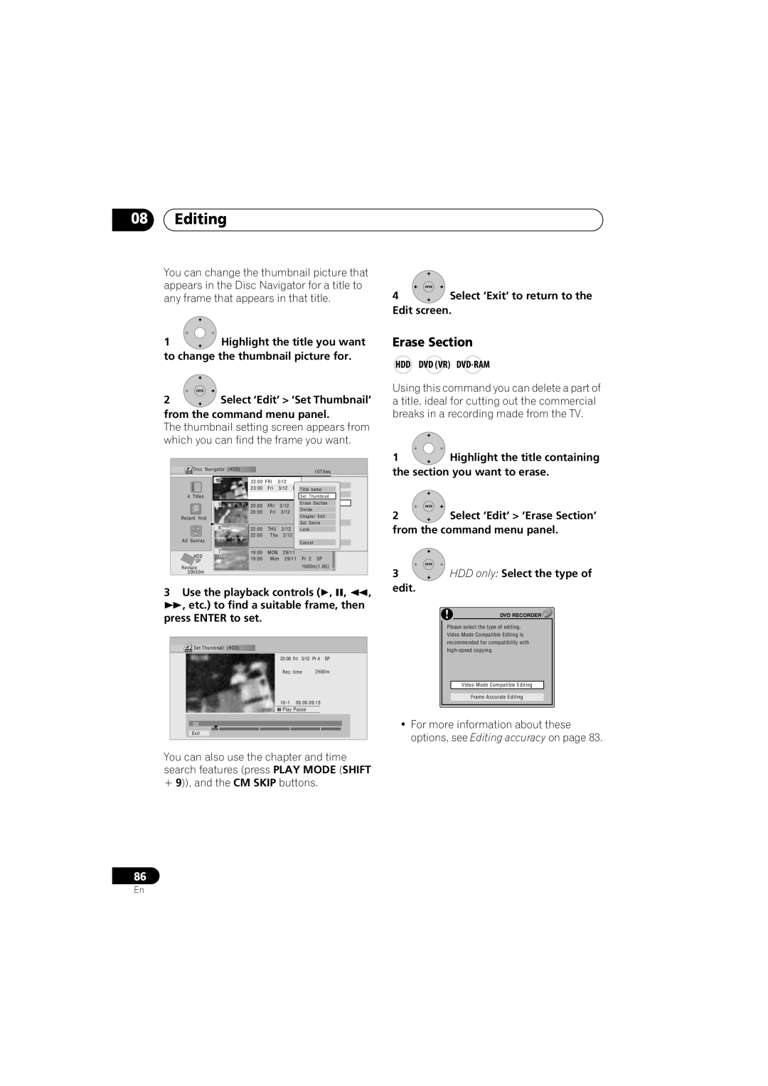 Pioneer DVR-440H-S manual Erase Section, Select ‘Exit’ to return to the Edit screen, HDD only Select the type Edit 