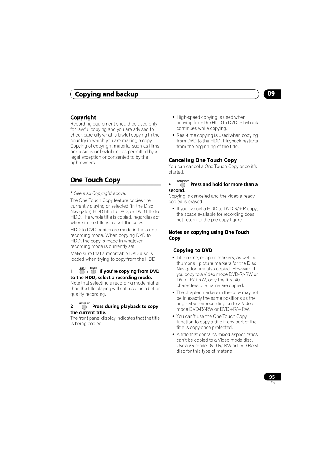 Pioneer DVR-440H-S manual Copying and backup, Copyright, Canceling One Touch Copy 
