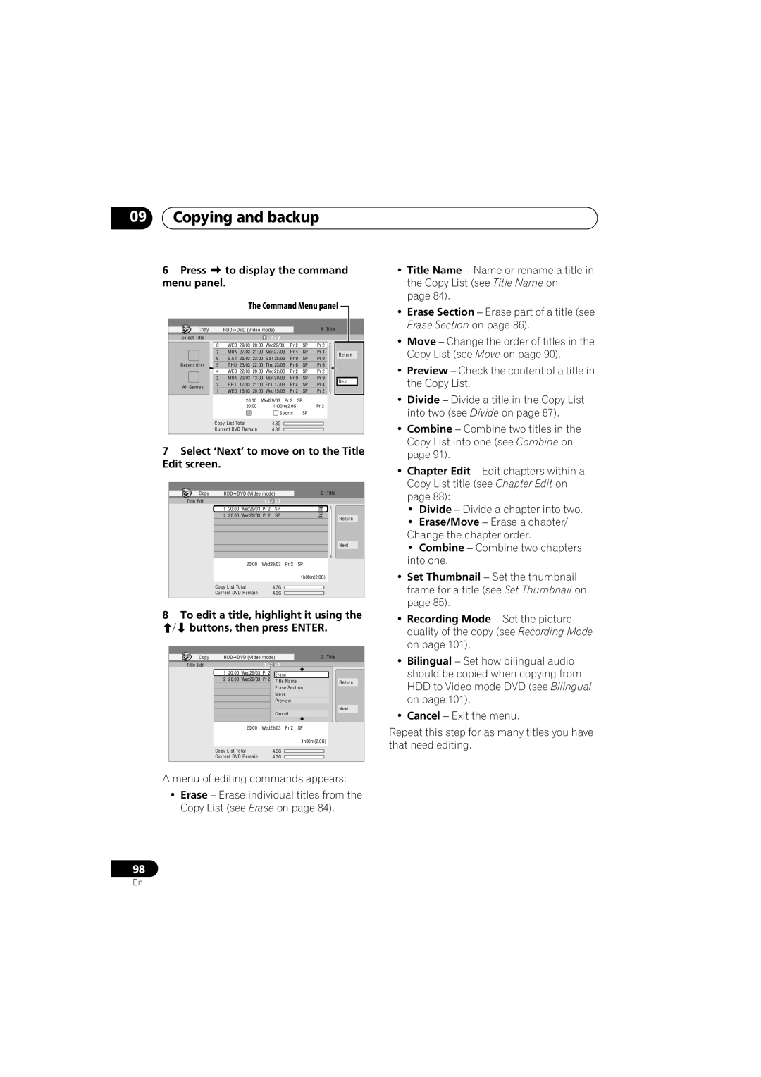 Pioneer DVR-440H-S manual Press to display the command menu panel, Select ‘Next’ to move on to the Title Edit screen 