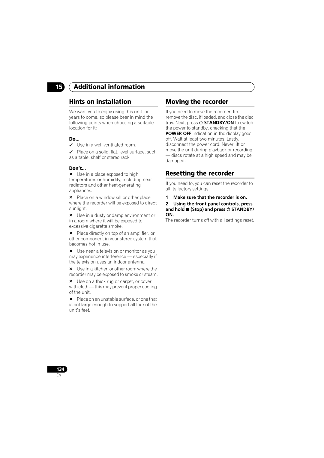 Pioneer DVR-450H-S manual Additional information Hints on installation, Moving the recorder, Resetting the recorder, Don’t 