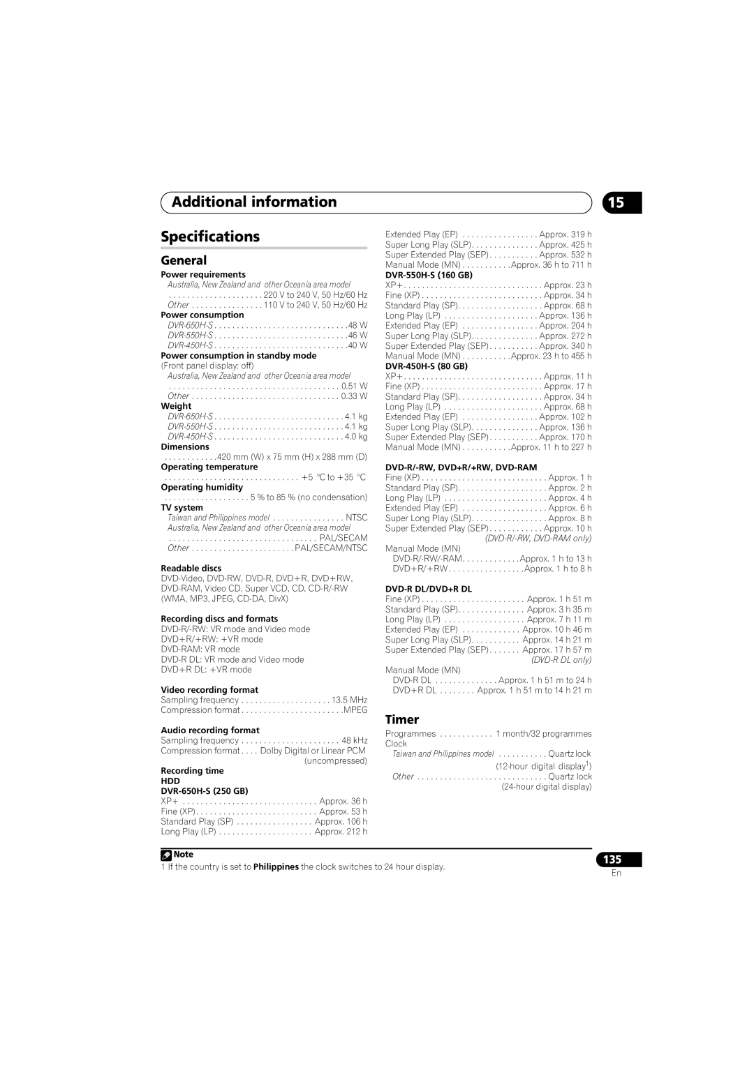 Pioneer DVR-450H-S manual Additional information Specifications, Timer 