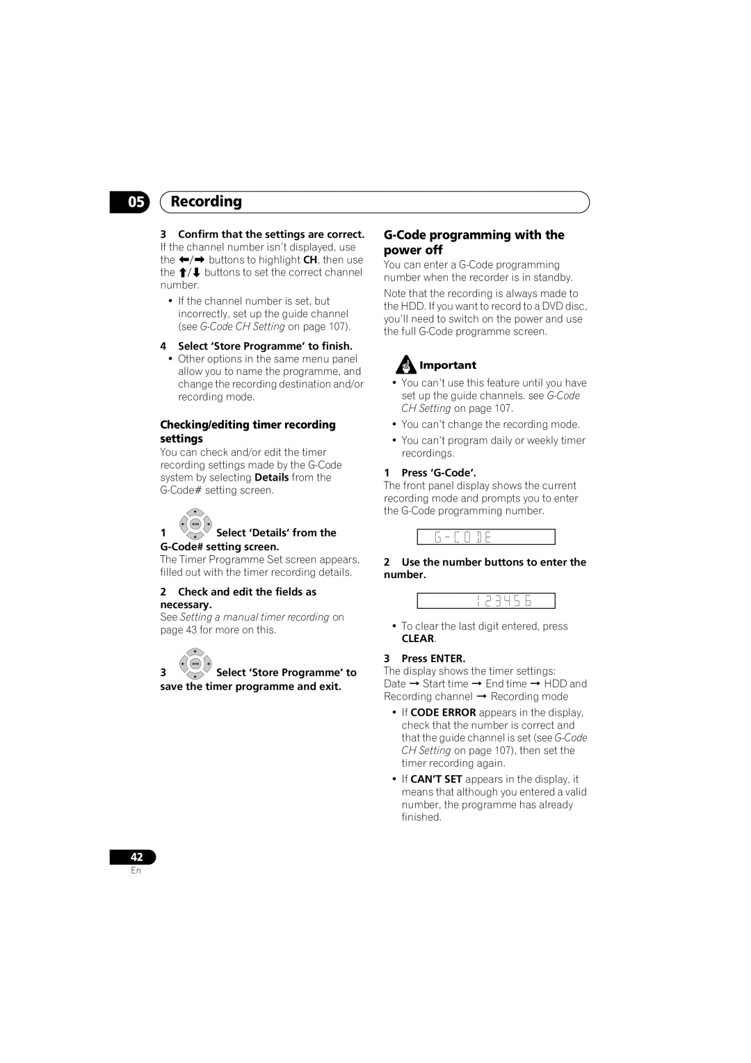 Pioneer DVR-450H-S manual Code programming with the power off, Checking/editing timer recording settings, Clear 