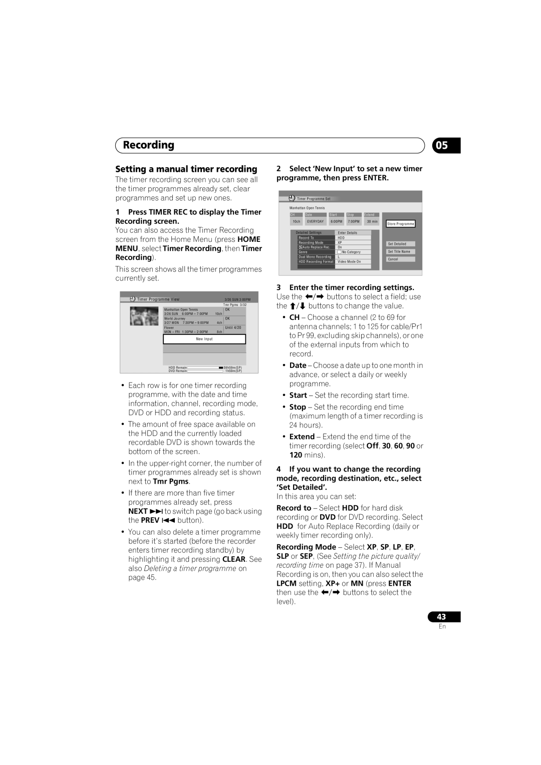 Pioneer DVR-450H-S Setting a manual timer recording, Press Timer REC to display the Timer Recording screen, Next 