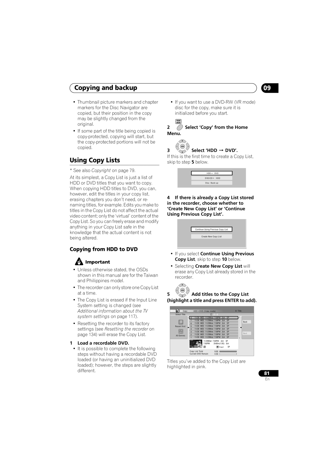 Pioneer DVR-450H-S manual Using Copy Lists, Copying from HDD to DVD 