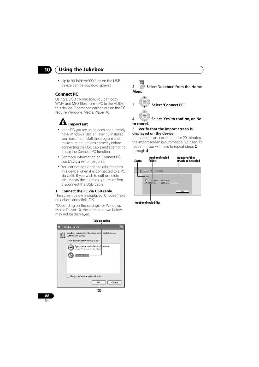 Pioneer DVR-450H-S manual Using the Jukebox, Connect PC, Connect the PC via USB cable, Select ‘Jukebox’ from the Home Menu 