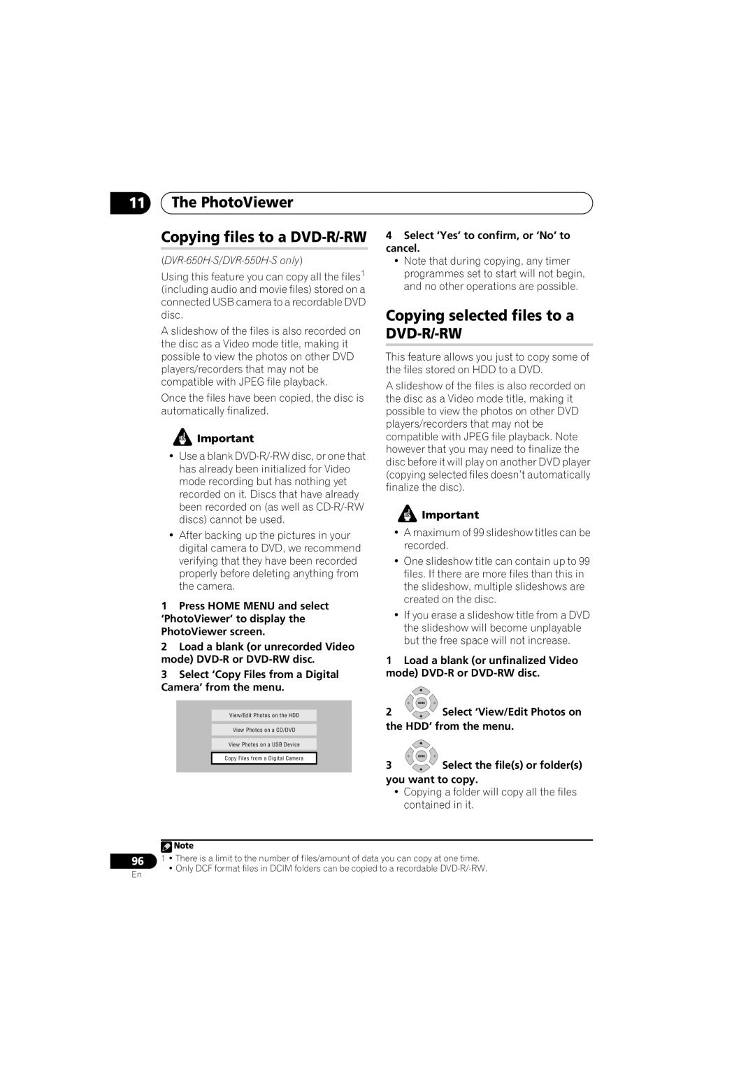 Pioneer DVR-450H-S manual PhotoViewer Copying files to a DVD-R/-RW, Copying selected files to a DVD-R/-RW 