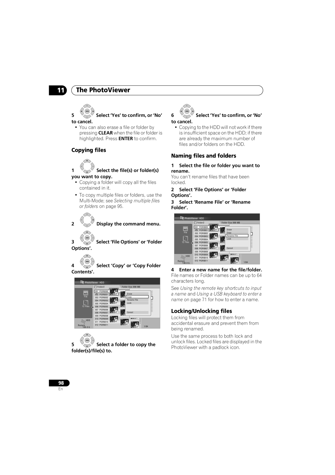 Pioneer DVR-450H-S manual Copying files, Naming files and folders, Locking/Unlocking files 