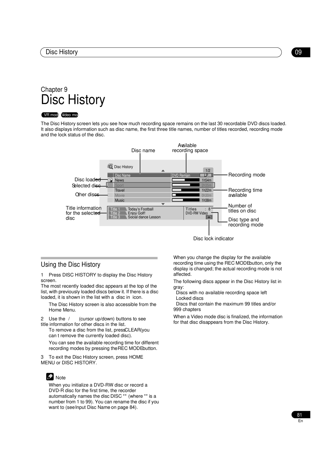 Pioneer DVR-510H manual Disc History Chapter, Using the Disc History 