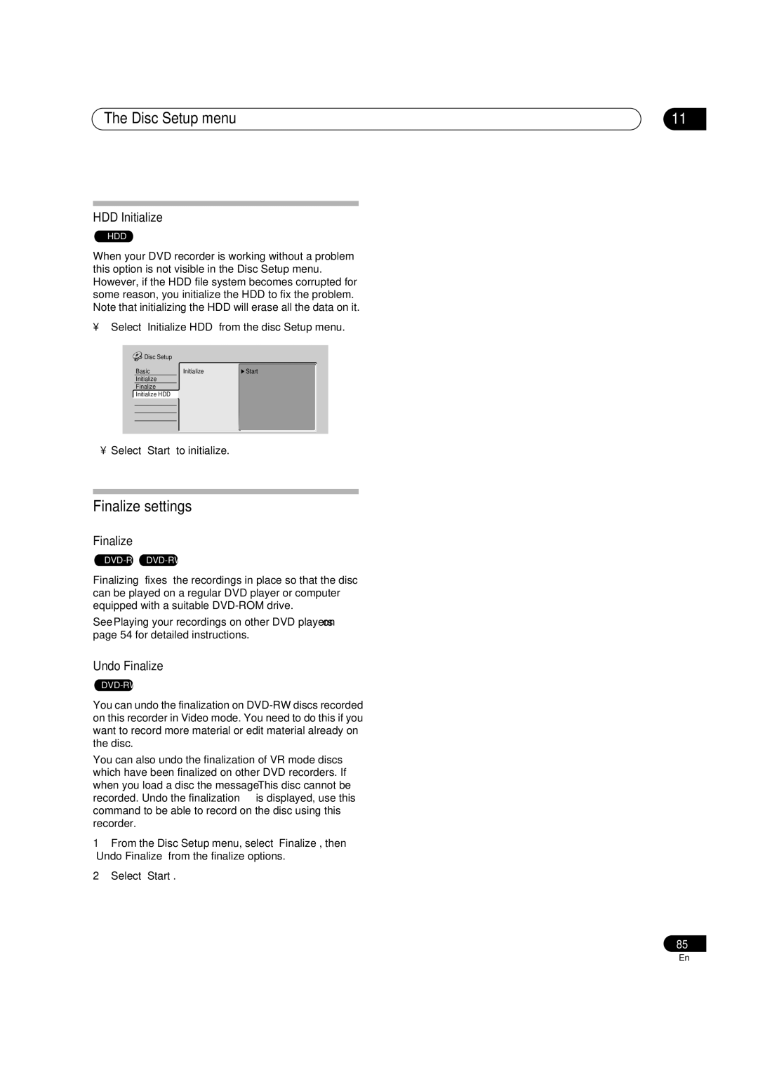 Pioneer DVR-510H manual Disc Setup menu, Finalize settings, HDD Initialize, Undo Finalize 