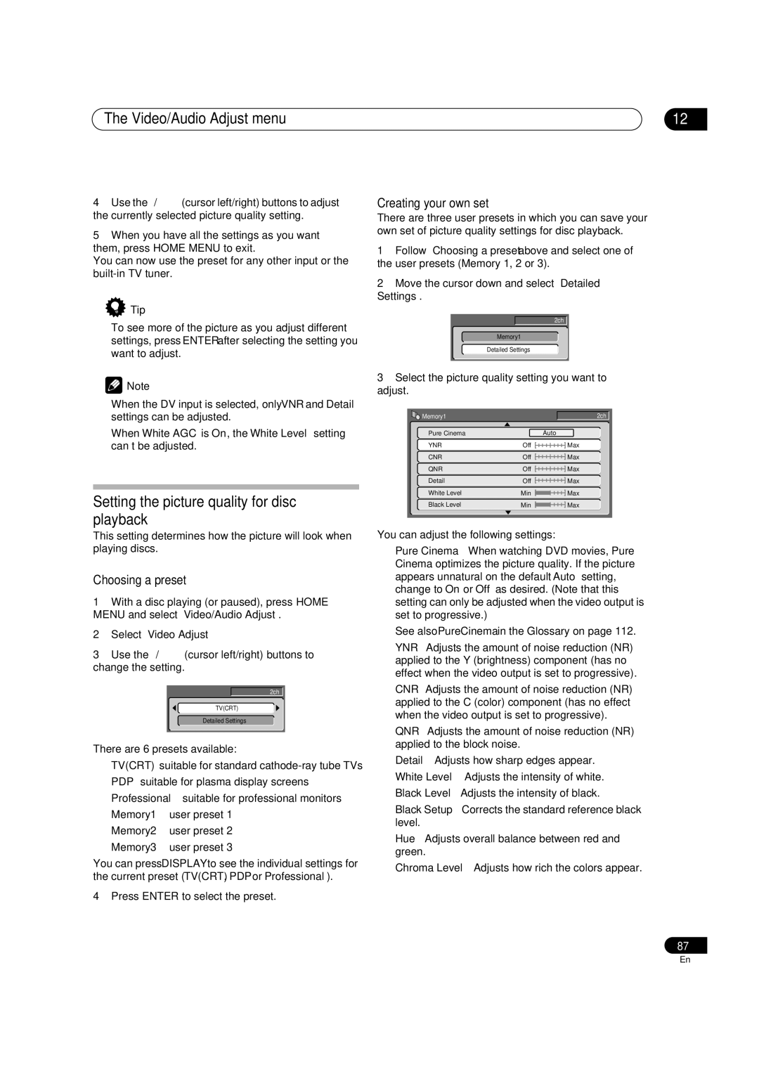 Pioneer DVR-510H manual Video/Audio Adjust menu, Setting the picture quality for disc playback 