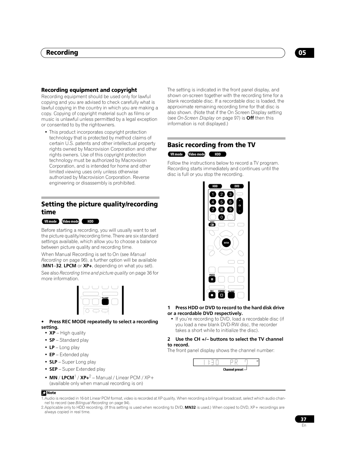 Pioneer DVR-630H-S, DVR-530H-S manual Recording, Setting the picture quality/recording time, Basic recording from the TV 