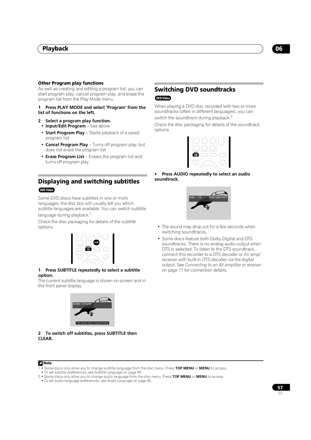 Pioneer DVR-630H-S Switching DVD soundtracks, Displaying and switching subtitles, Other Program play functions, Clear 