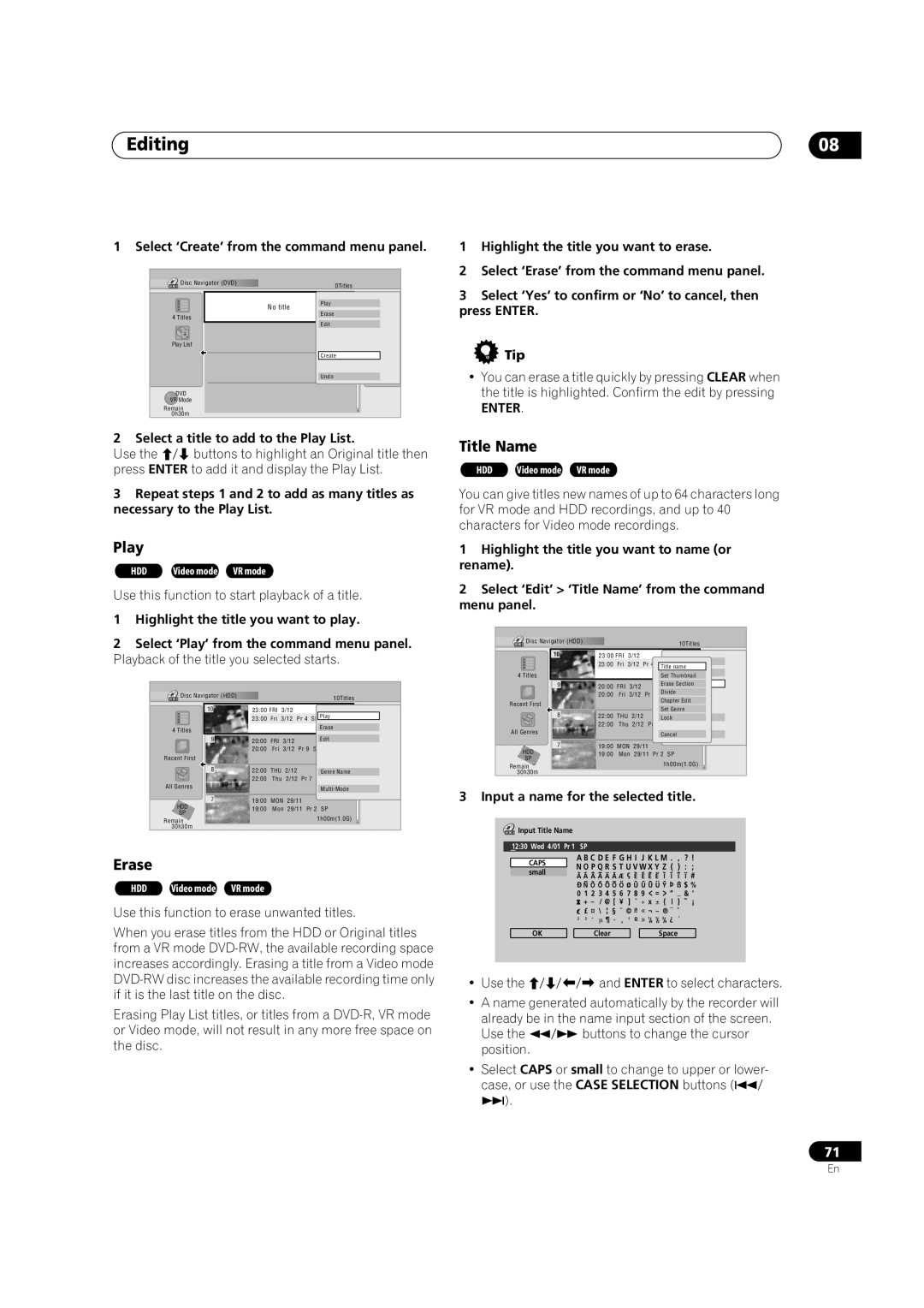 Pioneer DVR-630H-S manual Editing, Select ‘Create’ from the command menu panel, Select a title to add to the Play List 