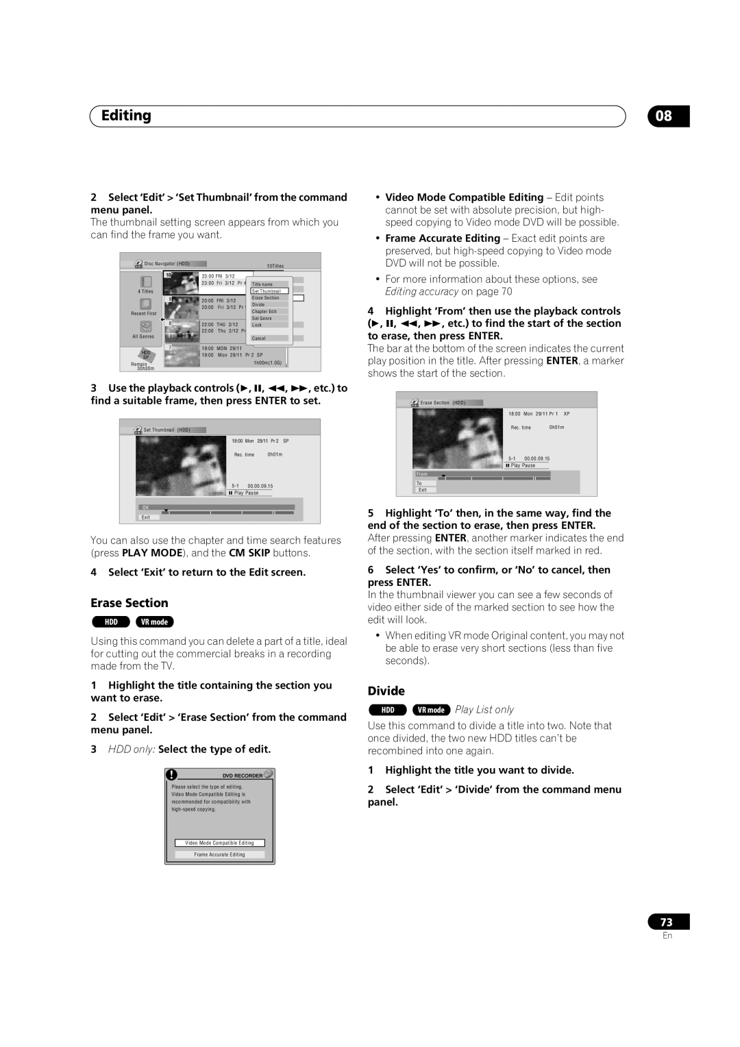 Pioneer DVR-630H-S Select ‘Edit’ ‘Set Thumbnail’ from the command menu panel, Select ‘Exit’ to return to the Edit screen 