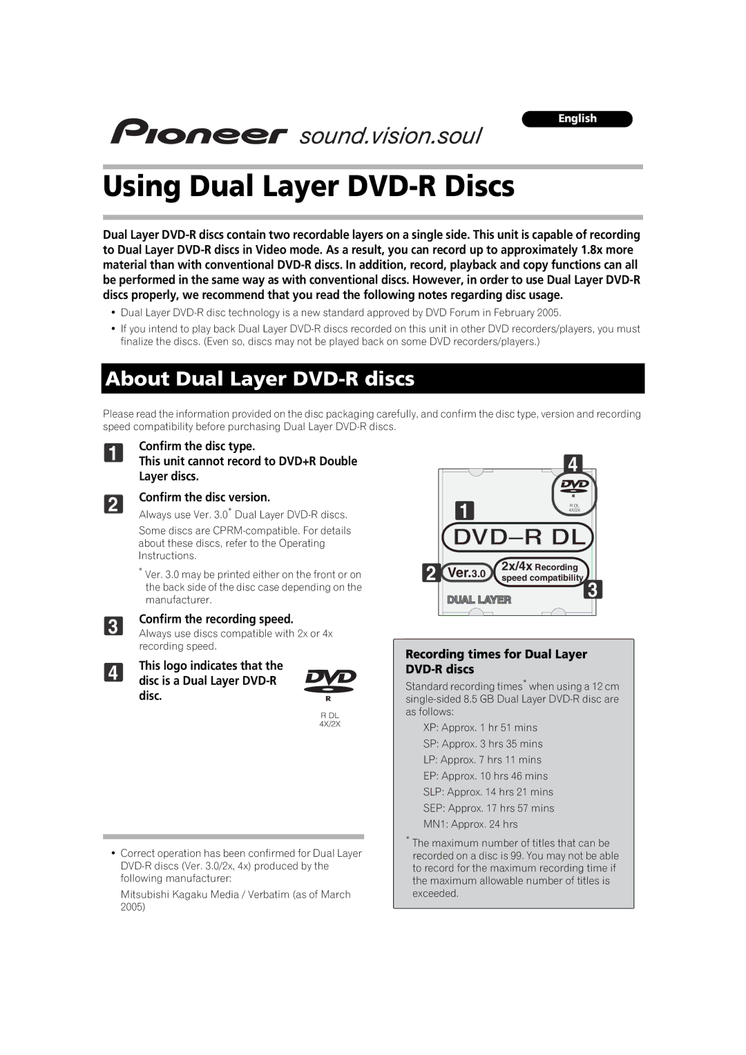 Pioneer DVR-530H operating instructions Using Dual Layer DVD-R Discs 