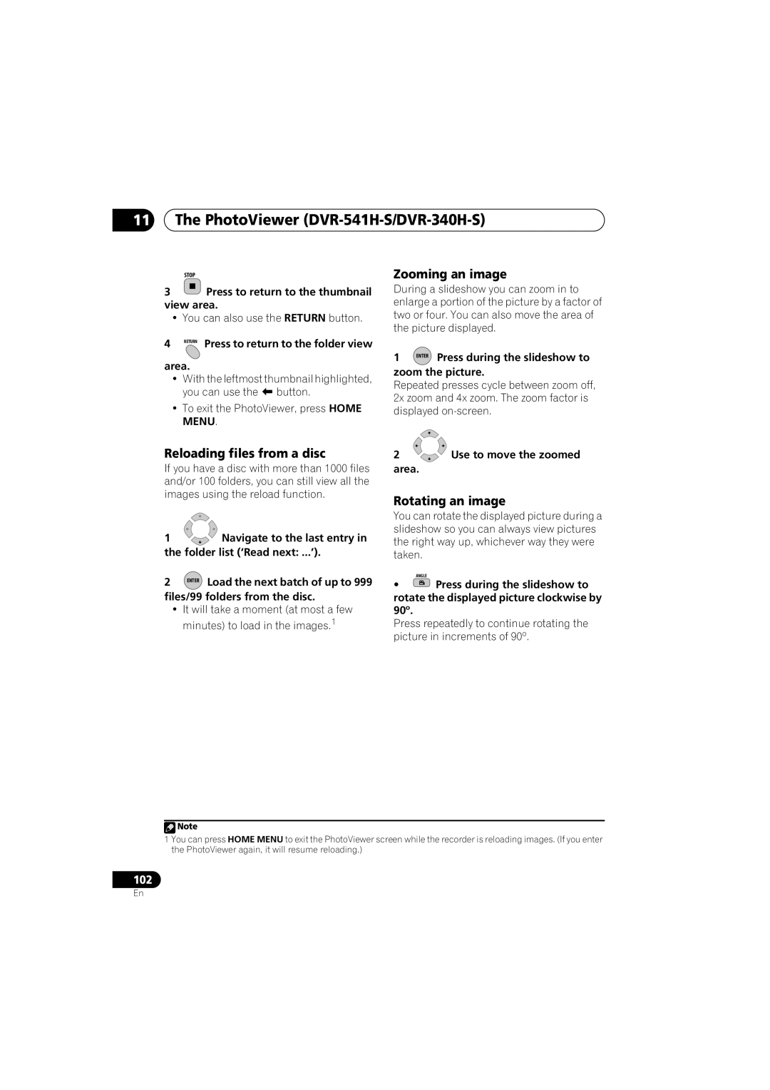 Pioneer PhotoViewer DVR-541H-S/DVR-340H-S, Reloading files from a disc, Return Press to return to the folder view Area 