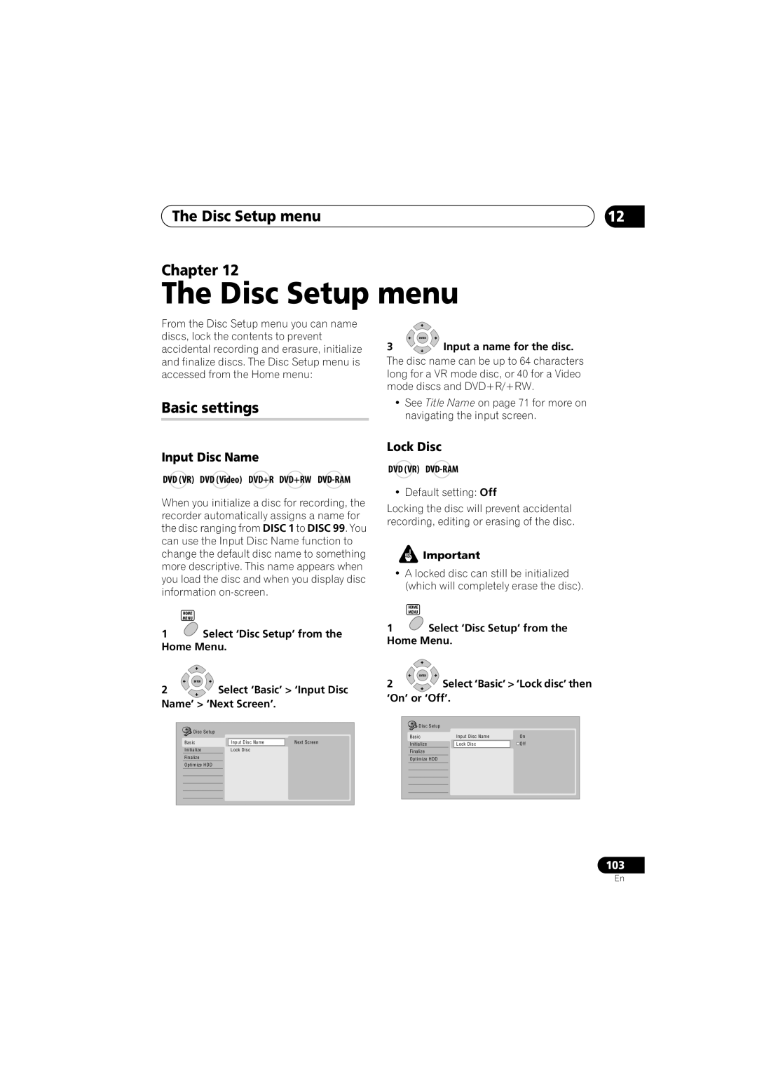 Pioneer DVR-541H-S operating instructions Disc Setup menu Chapter, Basic settings, Input Disc Name, Lock Disc 