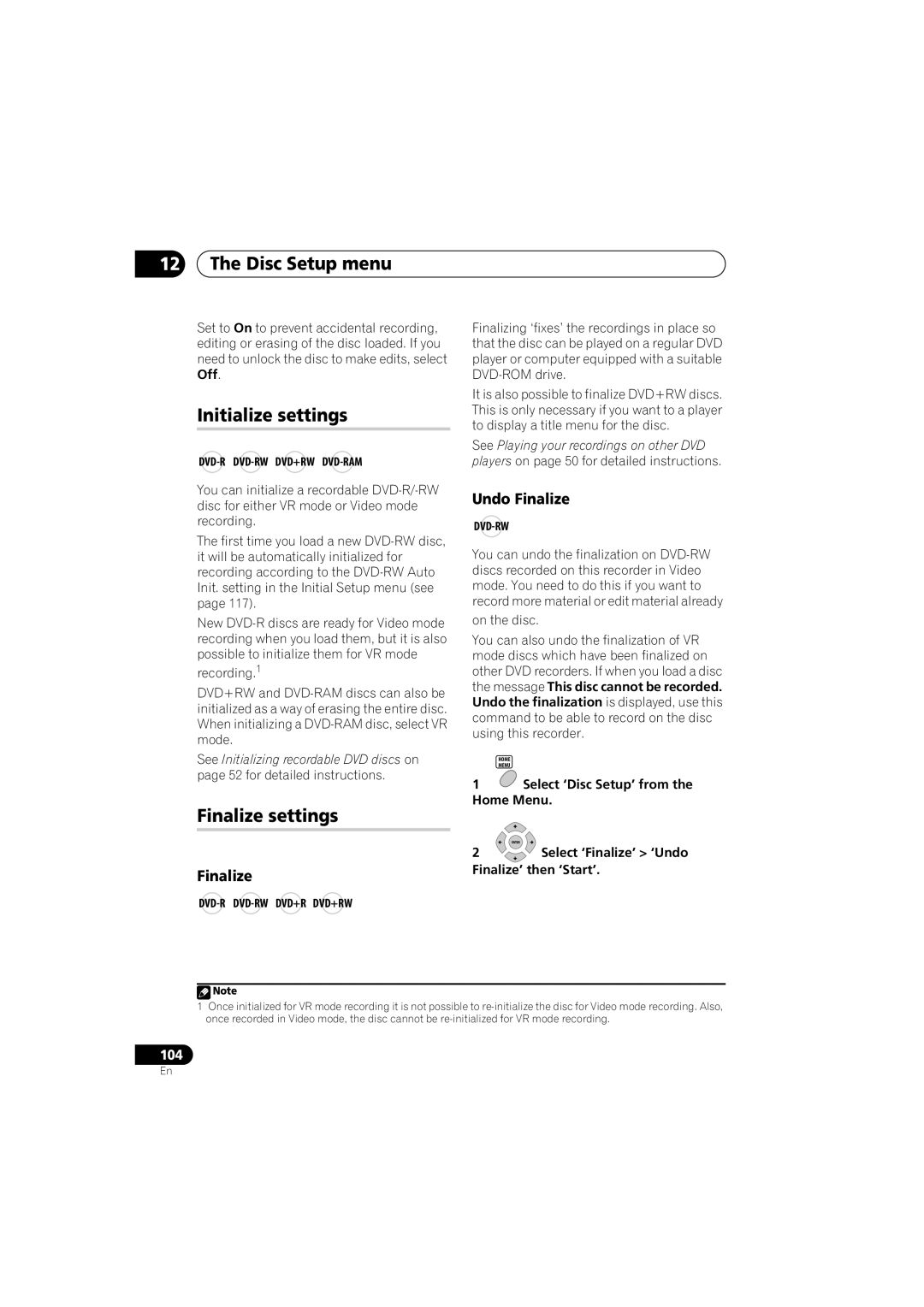 Pioneer DVR-541H-S operating instructions Disc Setup menu, Initialize settings, Finalize settings, Undo Finalize 