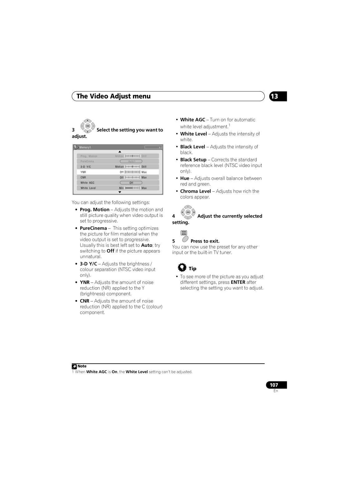 Pioneer DVR-541H-S operating instructions Video Adjust menu, Setting, Press to exit 