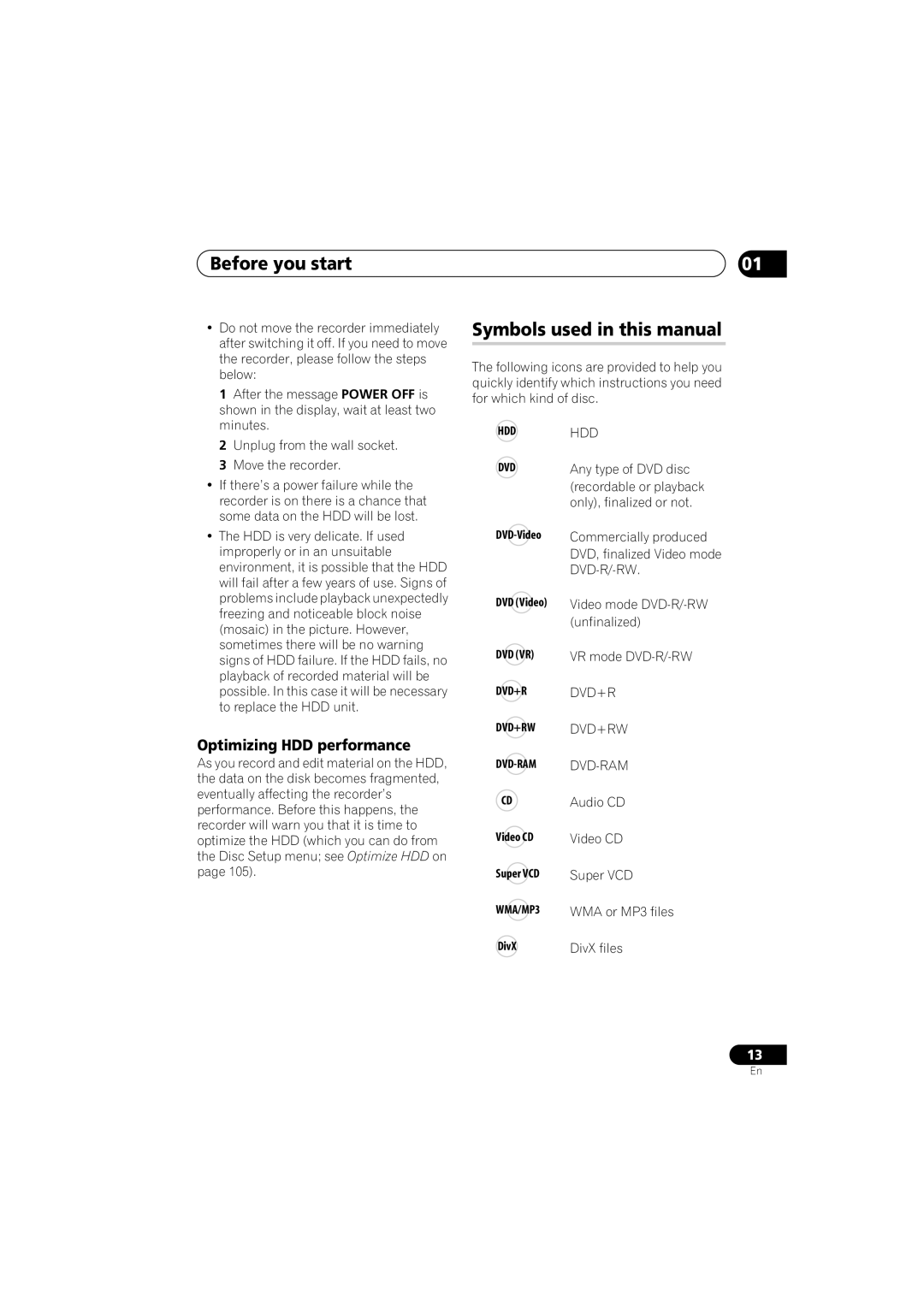 Pioneer DVR-541H-S operating instructions Symbols used in this manual, Optimizing HDD performance 