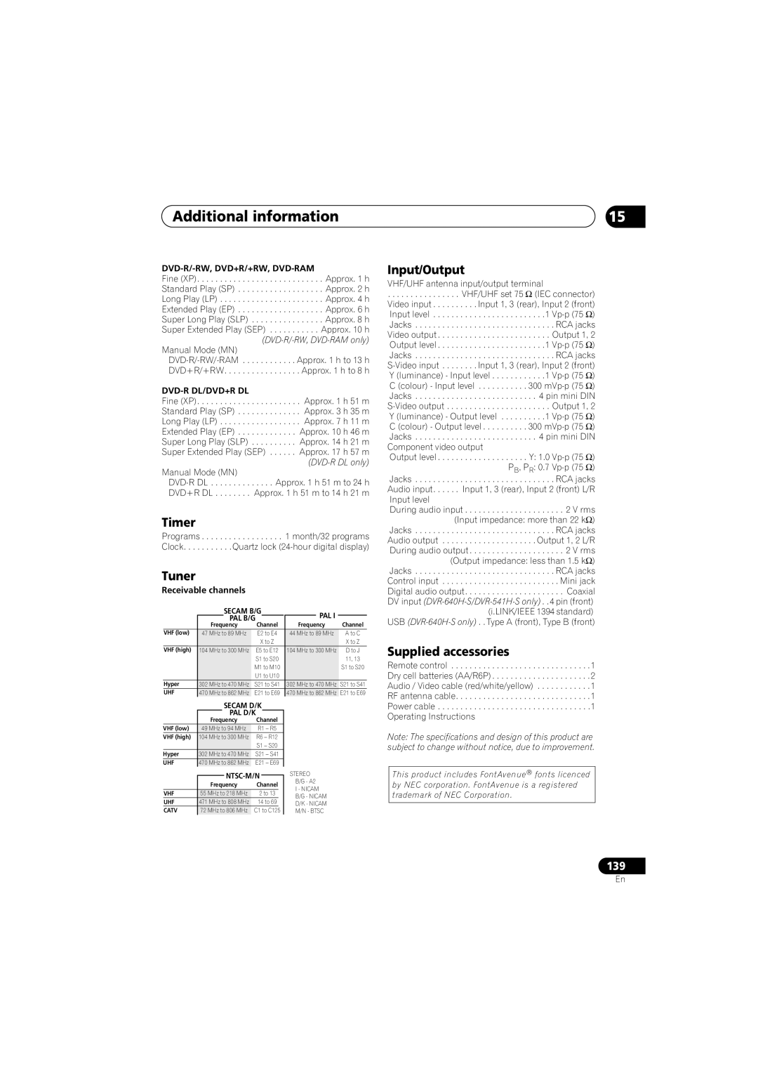 Pioneer DVR-541H-S operating instructions Timer, Tuner, Input/Output, Supplied accessories 