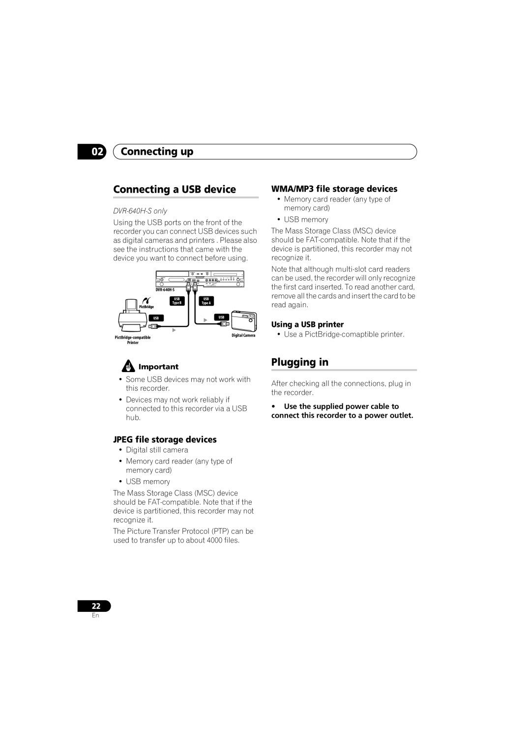 Pioneer DVR-541H-S Connecting up Connecting a USB device, Plugging, Jpeg file storage devices, Using a USB printer 