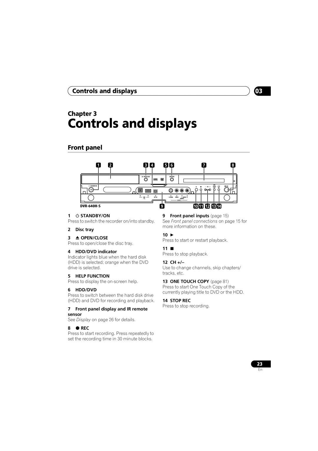 Pioneer DVR-541H-S operating instructions Controls and displays Chapter, Front panel 