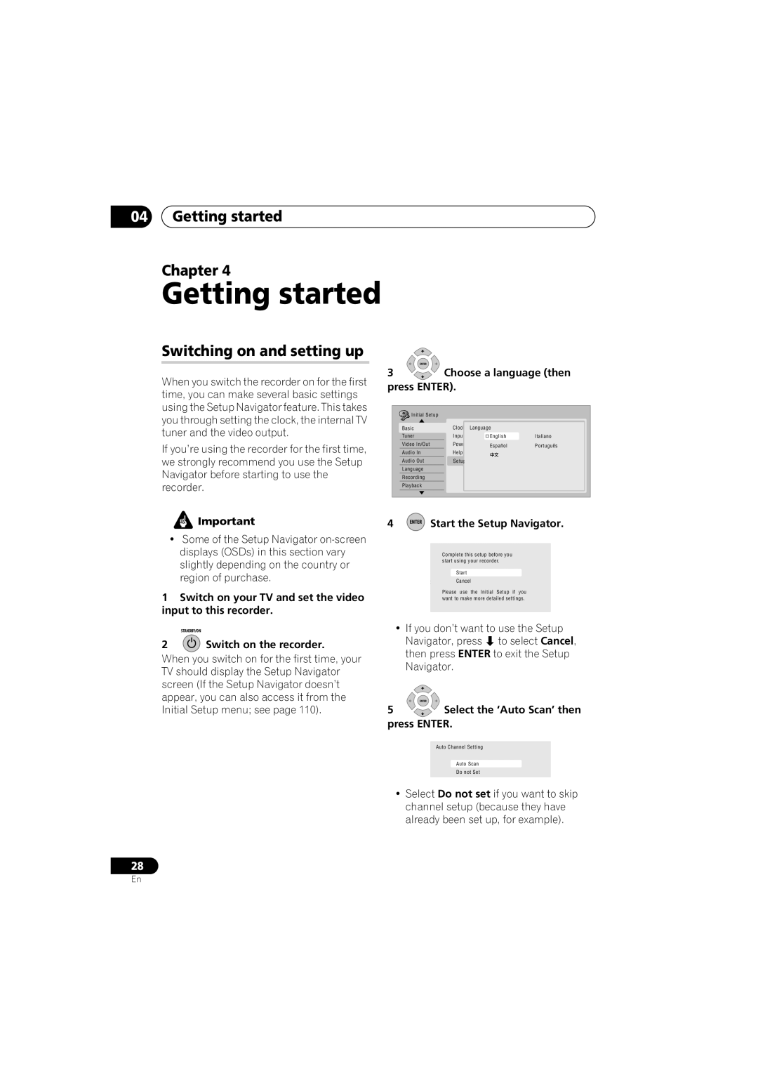 Pioneer DVR-541H-S operating instructions Getting started Chapter, Switching on and setting up 