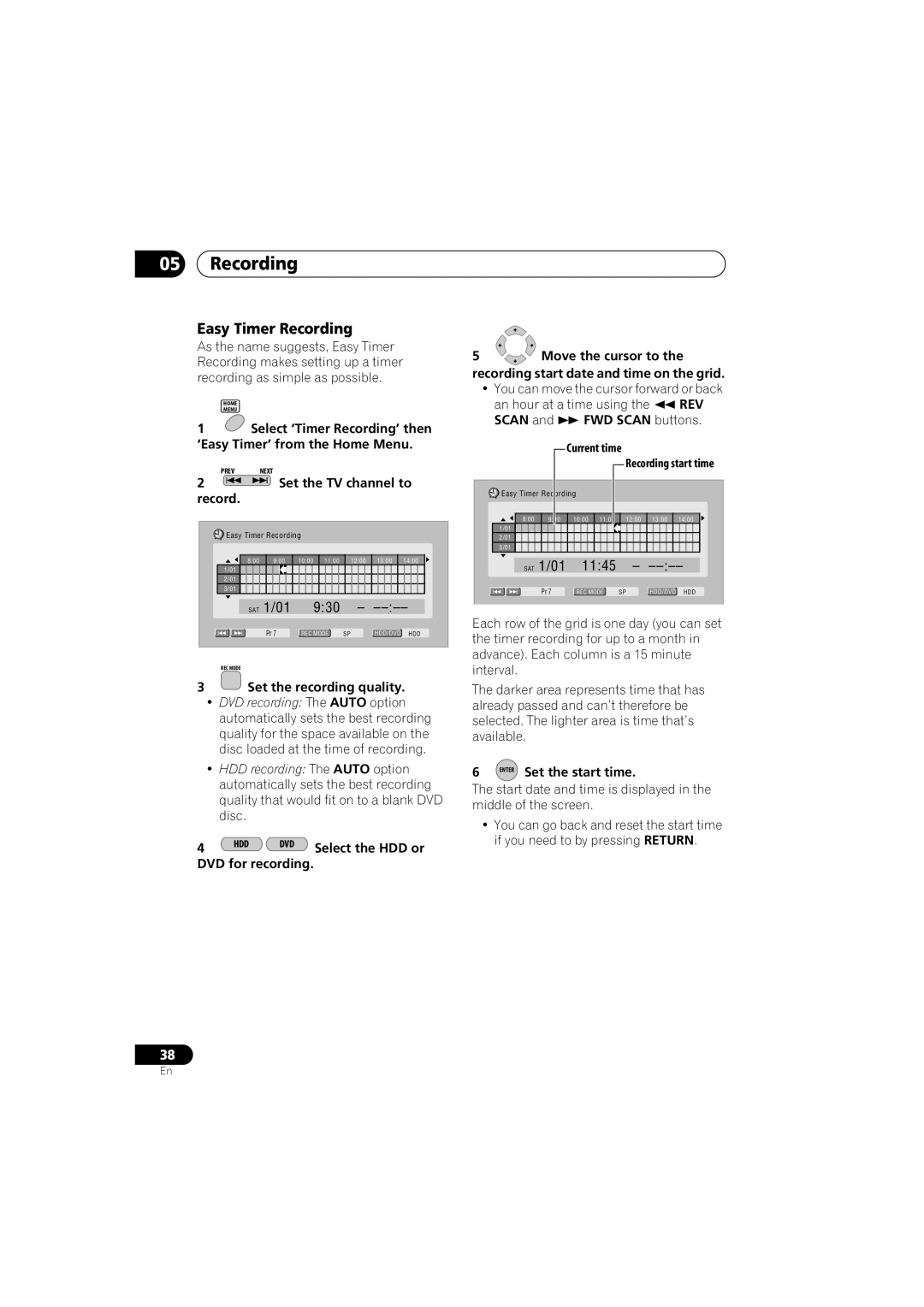 Pioneer DVR-541H-S Easy Timer Recording, Set the TV channel to record, Set the recording quality, Enter Set the start time 