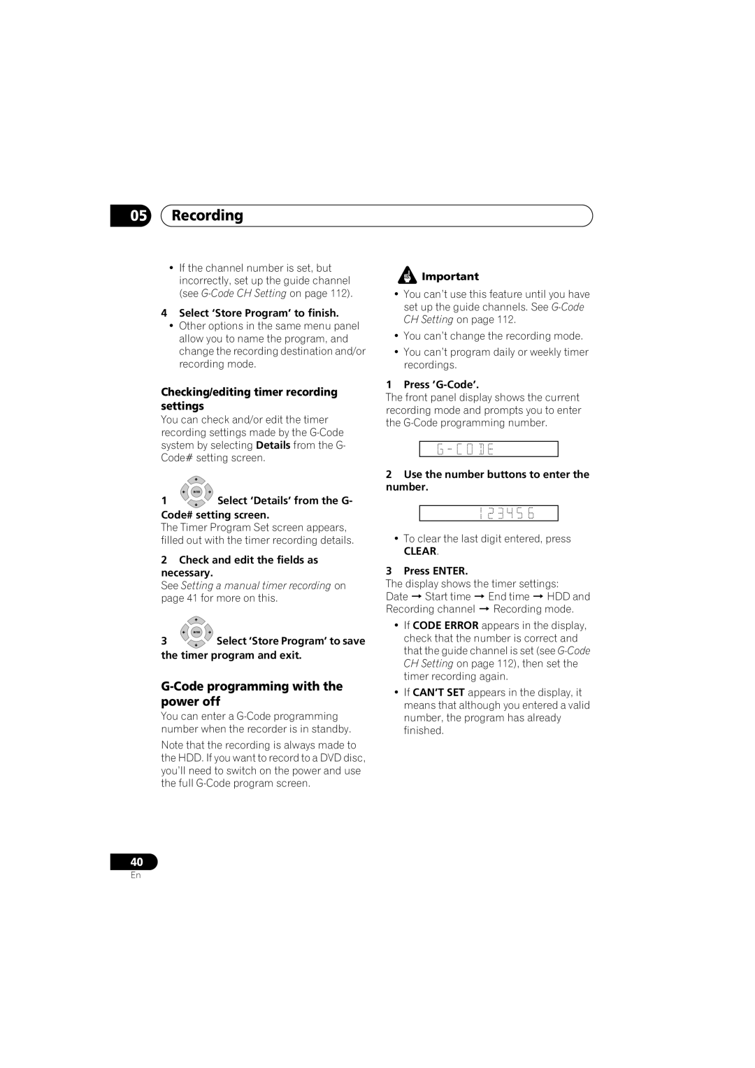 Pioneer DVR-541H-S Code programming with the power off, Checking/editing timer recording settings, Clear 