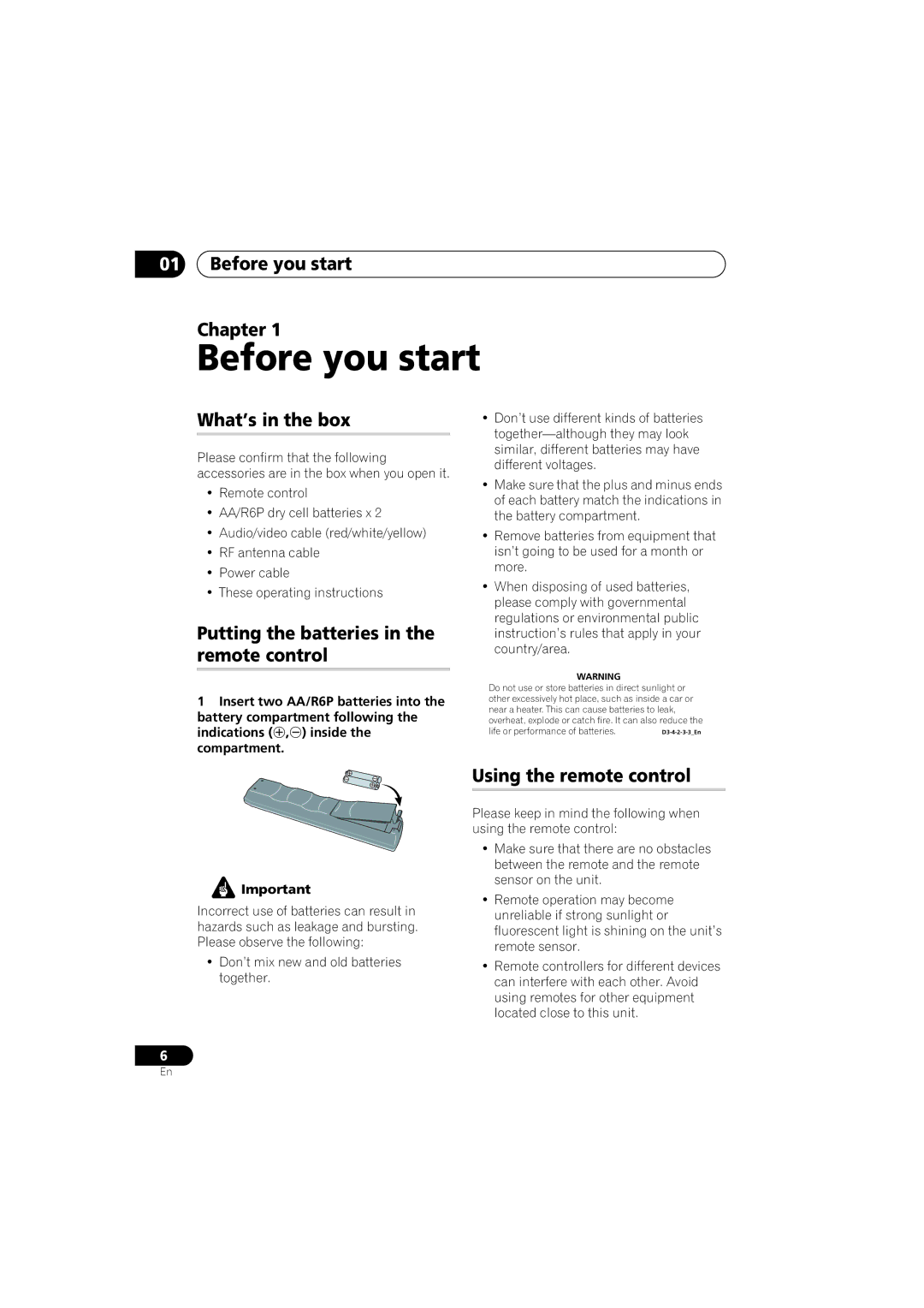 Pioneer DVR-541H-S Before you start Chapter, What’s in the box, Putting the batteries in the remote control 