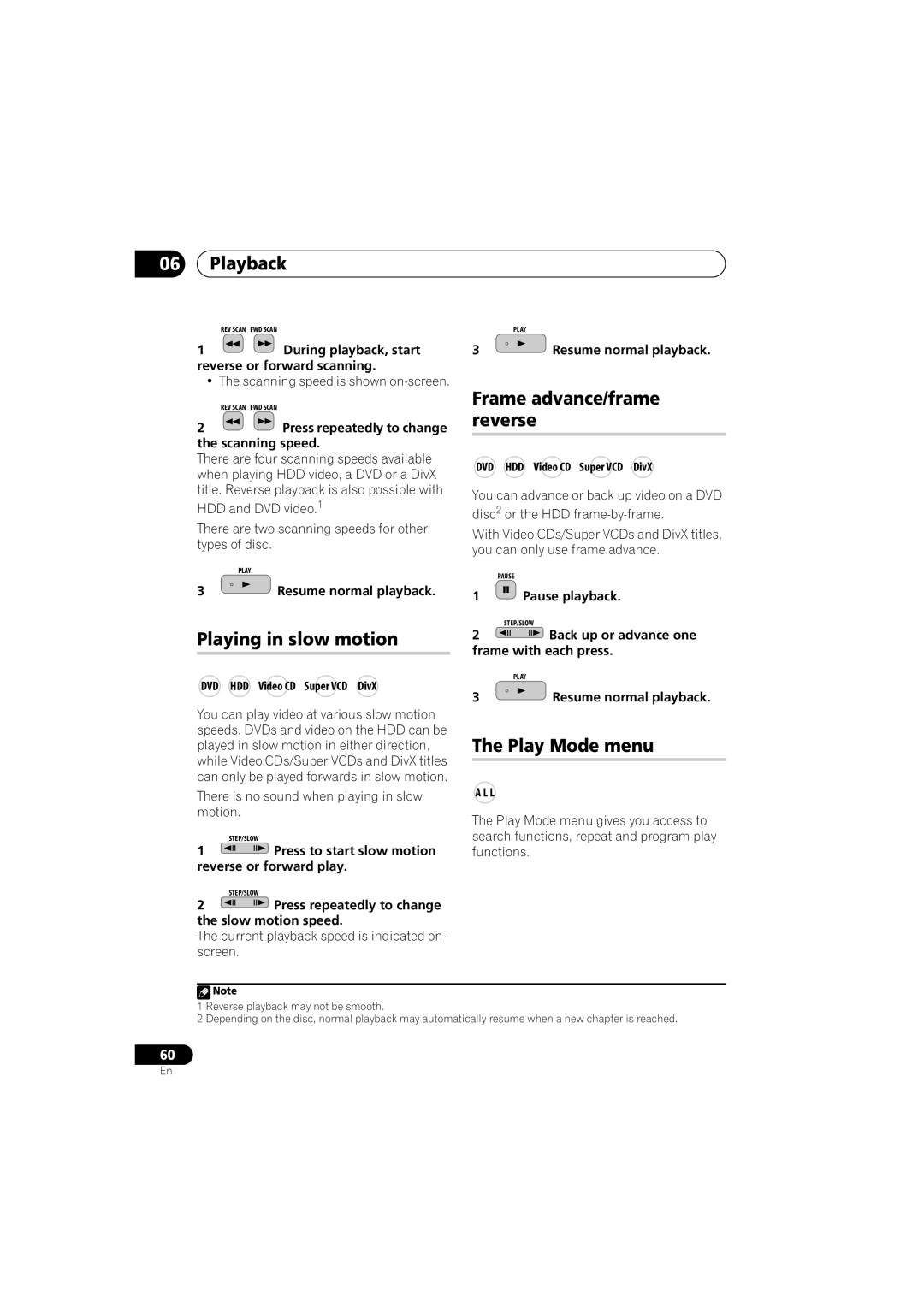 Pioneer DVR-541H-S operating instructions Frame advance/frame reverse, Playing in slow motion, Play Mode menu 