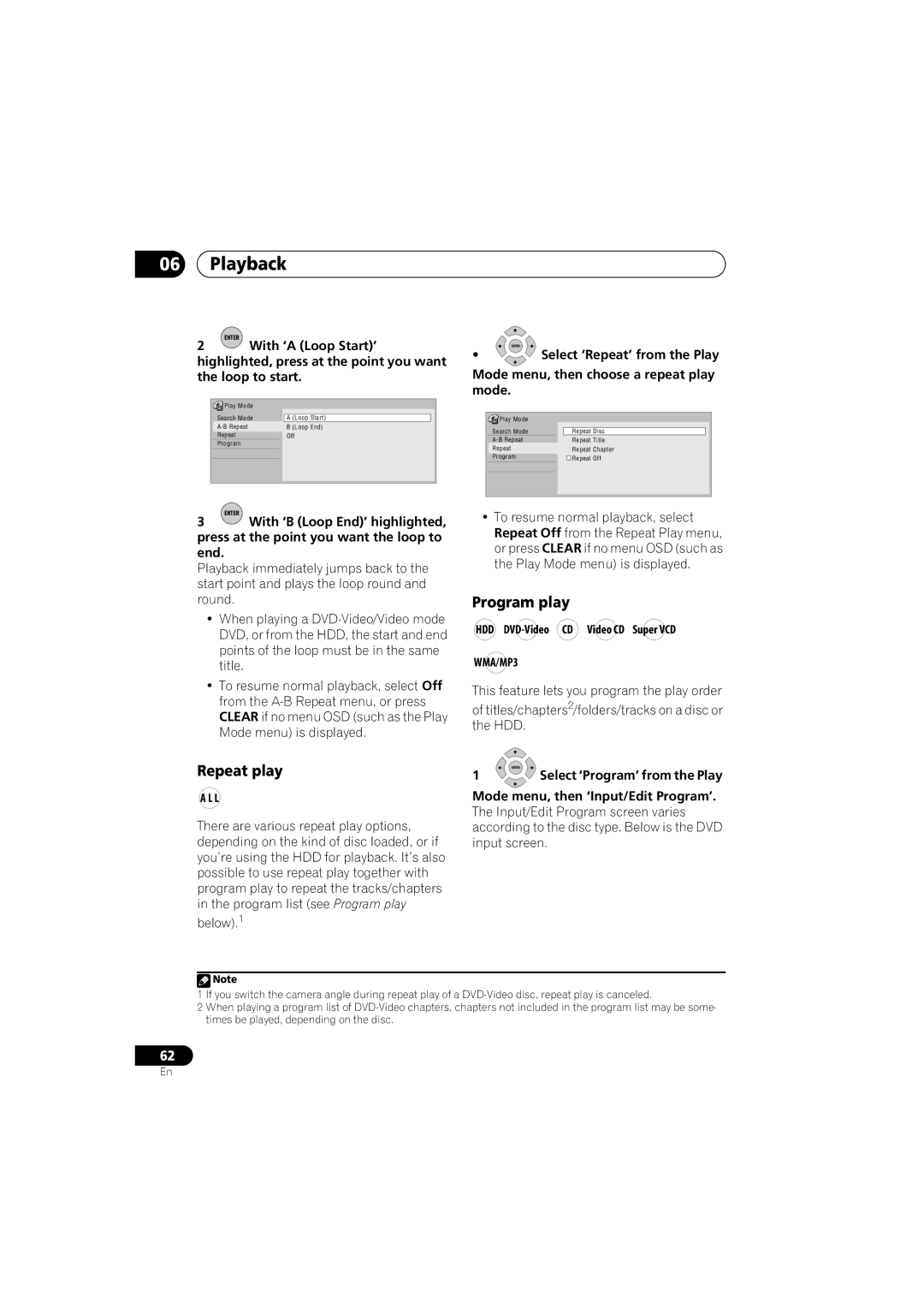 Pioneer DVR-541H-S Repeat play, Program play, HDD DVD-Video CD Video CD Super VCD, Mode menu, then ‘Input/Edit Program’ 