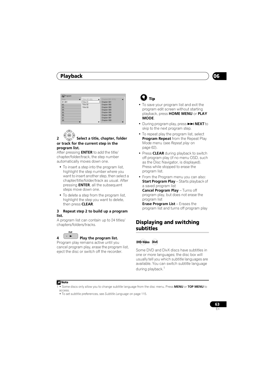 Pioneer DVR-541H-S Displaying and switching subtitles, Next to, Or track for the current step in the program list 