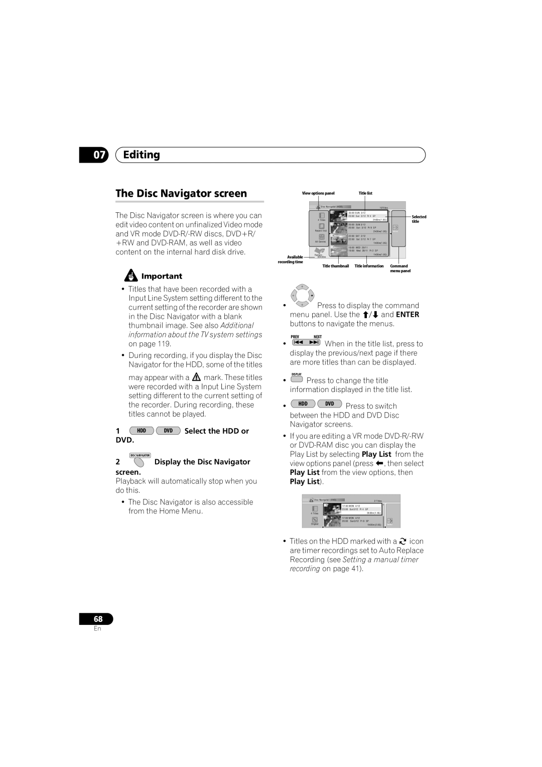 Pioneer DVR-541H-S Editing Disc Navigator screen, DVD Select the HDD or, Display the Disc Navigator, Screen, Enter 